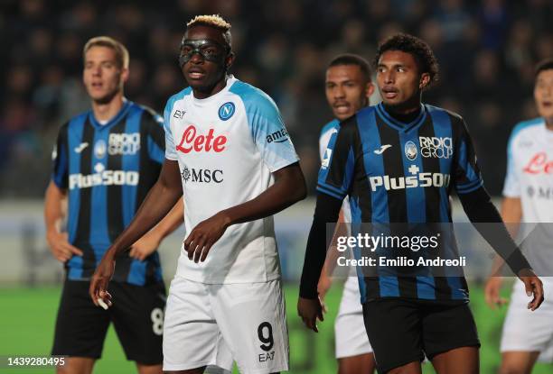 Victor Osimhen of SSC Napoli looks on during the Serie A match between Atalanta BC and SSC Napoli at Gewiss Stadium on November 05, 2022 in Bergamo,...