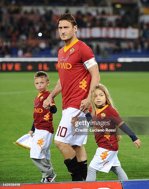 Francesco Totti of AS Roma With children Cristian and Chanel before the Serie A match between AS Roma and Catania Calcio at Stadio Olimpico on May 5,...