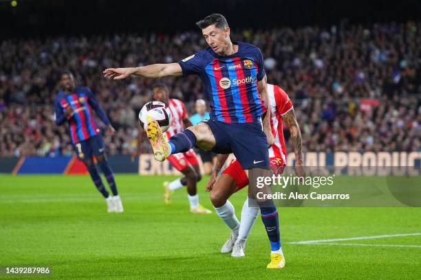 Robert Lewandowski of FC Barcelona controls the ball during the LaLiga Santander match between FC Barcelona and UD Almeria at Spotify Camp Nou on...