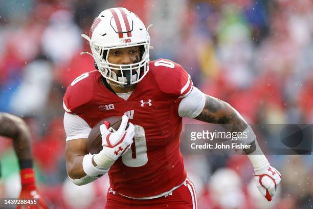 Braelon Allen of the Wisconsin Badgers rushes the ball in the first quarter against the Maryland Terrapins at Camp Randall Stadium on November 05,...