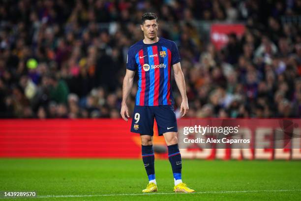 Robert Lewandowski of FC Barcelona looks on during the LaLiga Santander match between FC Barcelona and UD Almeria at Spotify Camp Nou on November 05,...