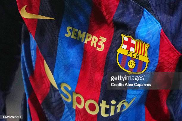 The words "Sempr3" are seen on the front of a FC Barcelona shirt to celebrate the career and retirement of Gerard Pique of FC Barcelona during the...
