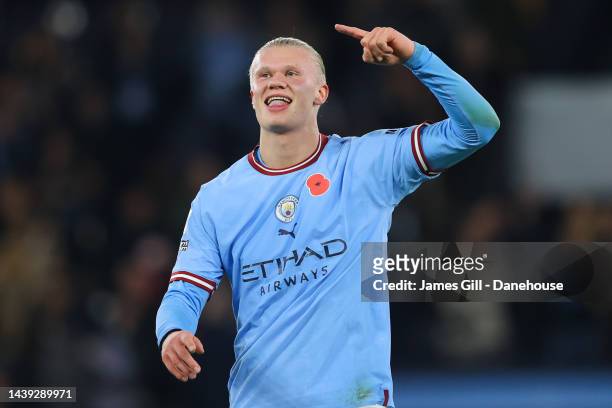 Erling Haaland of Manchester City celebrates following the Premier League match between Manchester City and Fulham FC at Etihad Stadium on November...
