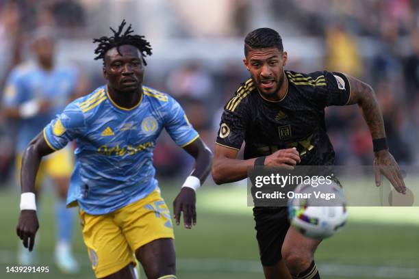 Denis Bouanga of LAFC and Olivier Mbaizo of Philadelphia Union battle for the ball during the match between Philadelphia Union and LAFC as part of...