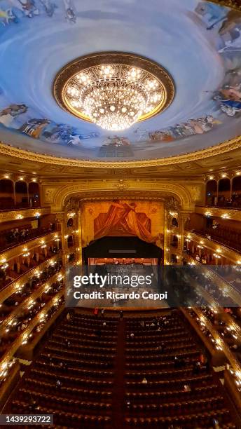 Panoramic view of the ceiling dome, painted by the artist Raul Soldi, and the concert hall of the Colon Theater during the last day of the Argerich...
