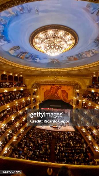 Panoramic view of the ceiling dome, painted by the artist Raul Soldi, and the concert hall of the Colon Theater during the last day of the Argerich...