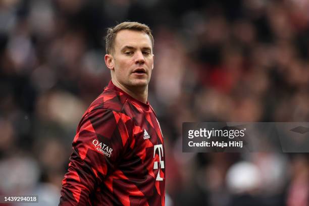 Manuel Neuer of Bayern Munich warms up prior to the Bundesliga match between Hertha BSC and FC Bayern München at Olympiastadion on November 05, 2022...