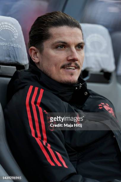 Marcel Sabitzer of Bayern Munich looks on prior to the Bundesliga match between Hertha BSC and FC Bayern München at Olympiastadion on November 05,...