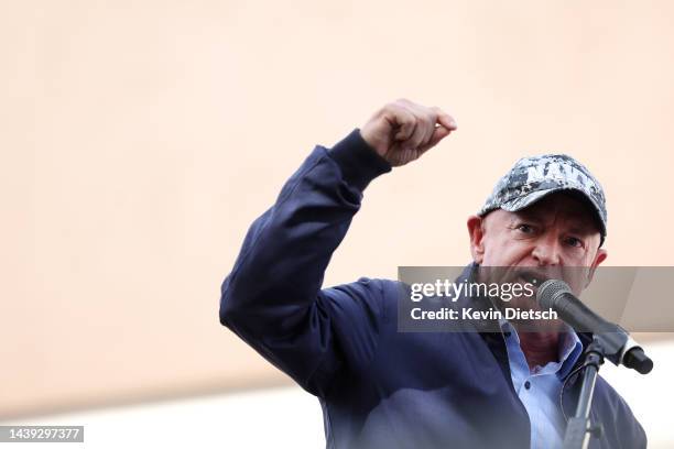 Democratic senate candidate U.S. Sen. Mark Kelly speaks during a campaign event on November 05, 2022 in Tucson, Arizona. Kelly is in a tight race...