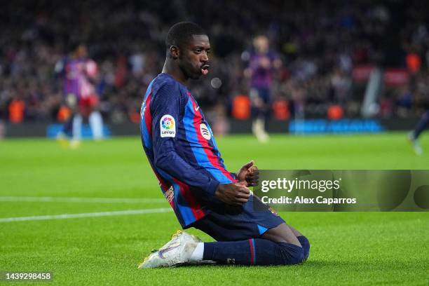 Ousmane Dembele of FC Barcelona celebrates after scoring their team's first goal during the LaLiga Santander match between FC Barcelona and UD...