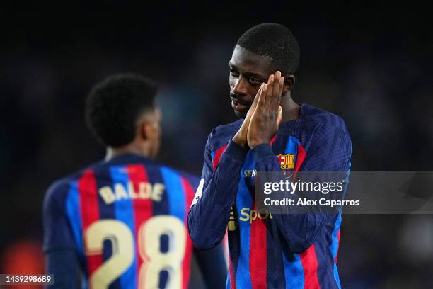 Ousmane Dembele of FC Barcelona celebrates after scoring their team's first goal during the LaLiga Santander match between FC Barcelona and UD...