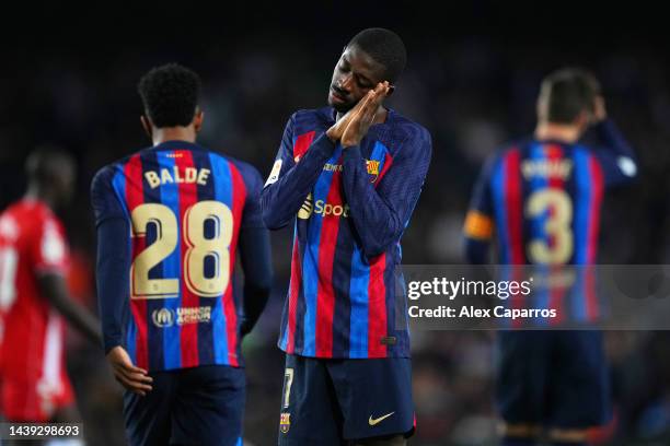 Ousmane Dembele of FC Barcelona celebrates after scoring their team's first goal during the LaLiga Santander match between FC Barcelona and UD...