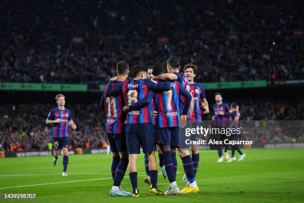 Ousmane Dembele of FC Barcelona celebrates with team mates after scoring their team's first goal during the LaLiga Santander match between FC...