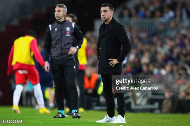 Xavi, Head Coach of FC Barcelona looks on during the LaLiga Santander match between FC Barcelona and UD Almeria at Spotify Camp Nou on November 05,...