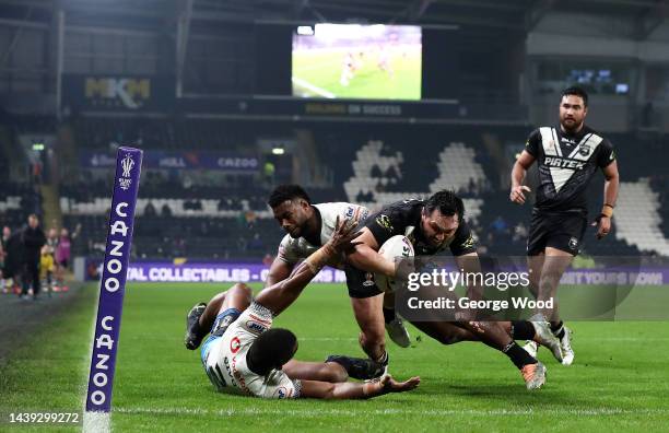 Jordan Rapana of New Zealand goes over to score their sides fourth try during the Rugby League World Cup Quarter Final match between New Zealand and...