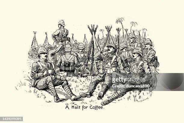 british army soldiers on the march in india, a halt for coffee, victorian 1890s, 19th century - regiment stock illustrations