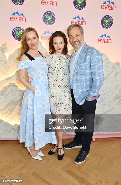 Leslie Mann and Judd Apatow pose in the evian VIP Suite on day one of Wimbledon 2023 on July 3, 2023 in London, England.