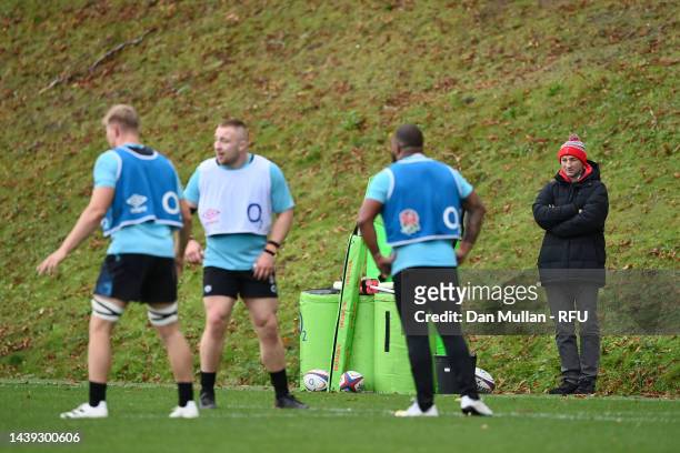 Steve Borthwick, Head Coach of Leicester Tigers looks on during a training session at Pennyhill Park on November 02, 2022 in Bagshot, England.