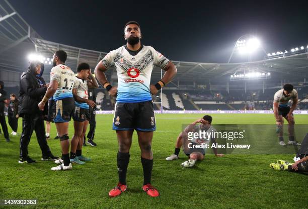 Ben Nakubuwai of Fiji cuts a dejected figure following the Rugby League World Cup Quarter Final match between New Zealand and Fiji at MKM Stadium on...
