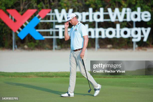 Patton Kizzire of United States reacts agfter a bogey on the green of the 16th hole during the third round of the World Wide Technology Championship...