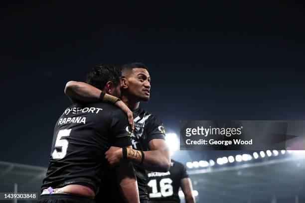 Jordan Rapana of New Zealand celebrates their sides fourth try during the Rugby League World Cup Quarter Final match between New Zealand and Fiji at...