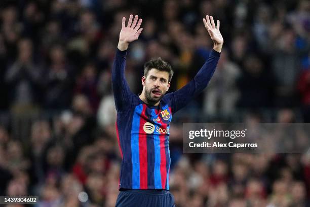 Gerard Pique of FC Barcelona waves to fans as they walk off to be substituted during the LaLiga Santander match between FC Barcelona and UD Almeria...