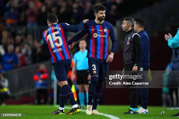 Gerard Pique of FC Barcelona is substituted for Andreas Christensen of FC Barcelona during the LaLiga Santander match between FC Barcelona and UD...
