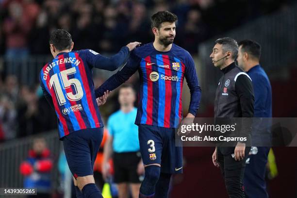 Gerard Pique of FC Barcelona is substituted for Andreas Christensen of FC Barcelona during the LaLiga Santander match between FC Barcelona and UD...