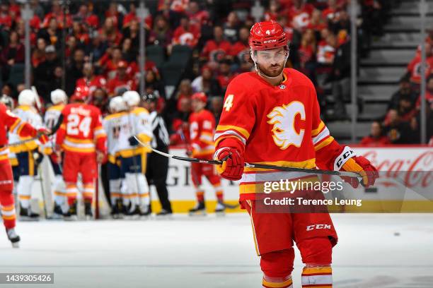Rasmus Andersson of the Calgary Flames skates between whistles against the Nashville Predators at Scotiabank Saddledome on November 3, 2022 in...