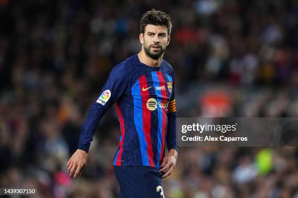 Gerard Pique of FC Barcelona looks on during the LaLiga Santander match between FC Barcelona and UD Almeria at Spotify Camp Nou on November 05, 2022...