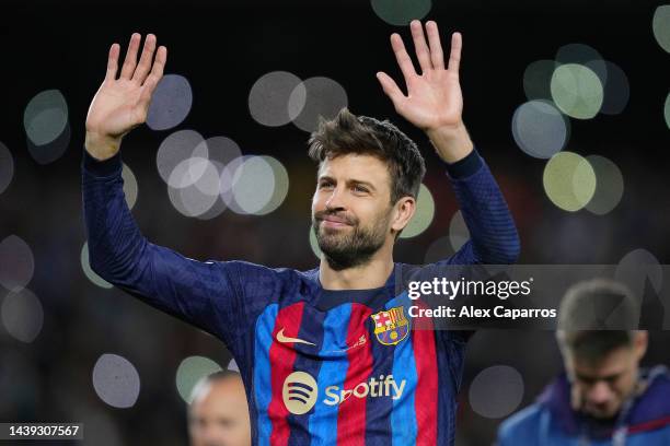 Gerard Pique of FC Barcelona waves to fans as they take part in a lap of honour after the LaLiga Santander match between FC Barcelona and UD Almeria...