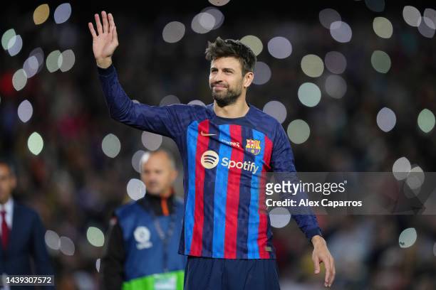 Gerard Pique of FC Barcelona waves to fans as they take part in a lap of honour after the LaLiga Santander match between FC Barcelona and UD Almeria...
