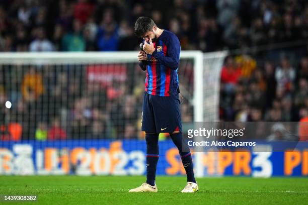 Gerard Pique of FC Barcelona react as they speak to the fans after the LaLiga Santander match between FC Barcelona and UD Almeria at Spotify Camp Nou...