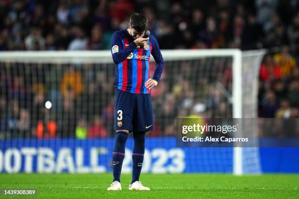 Gerard Pique of FC Barcelona react as they speak to the fans after the LaLiga Santander match between FC Barcelona and UD Almeria at Spotify Camp Nou...