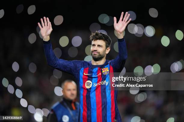 Gerard Pique of FC Barcelona waves to fans as they take part in a lap of honour after the LaLiga Santander match between FC Barcelona and UD Almeria...