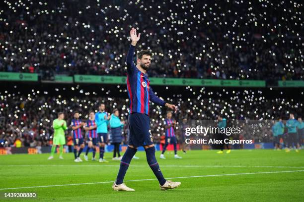 Gerard Pique of FC Barcelona waves to fans as they take part in a lap of honour after the LaLiga Santander match between FC Barcelona and UD Almeria...