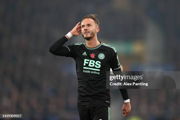 James Maddison of Leicester City during the Premier League match between Everton FC and Leicester City at Goodison Park on November 05, 2022 in...