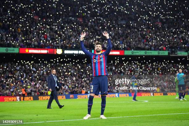 Gerard Pique of FC Barcelona waves to fans as they take part in a lap of honour after the LaLiga Santander match between FC Barcelona and UD Almeria...