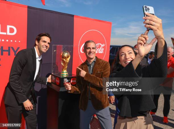 Kaká, Mayor Eric garcetti and Christen Press attend the FIFA World Cup™ Trophy Tour by Coca-Cola as it touches down in Los Angeles to kick off the...