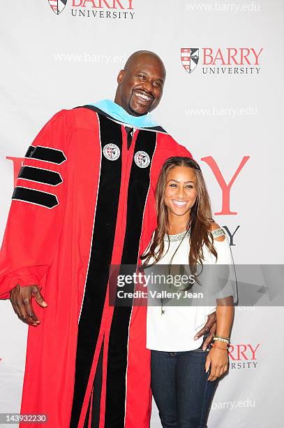 Shaquille O'Neal and Nicole "Hoopz" Alexander attend press conference after receives a doctoral degree in education from Barry University at James L...