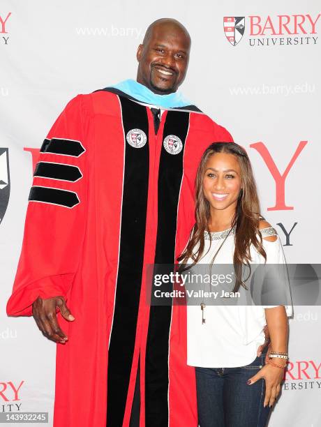 Shaquille O'Neal and Nicole "Hoopz" Alexander attend press conference after receives a doctoral degree in education from Barry University at James L...