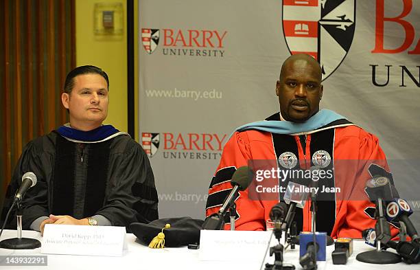 Assc. Professor, School of Education David Kopp and Shaquille O'Neal attends Shaquille O'Neal press conference after receives a doctoral degree in...