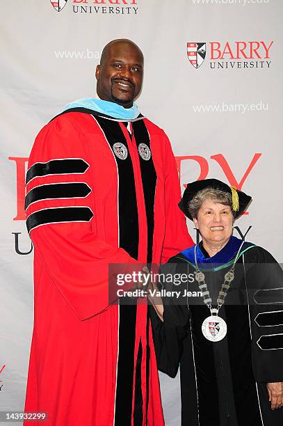 Shaquille O'Neal attends press conference after receives a doctoral degree in education from Barry University at James L Knight Center on May 5, 2012...