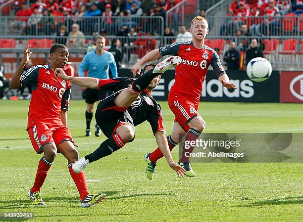 Jeremy Hall of Toronto FC watches as Hamdi Salihi of DC United scores during MLS action at BMO Field May 5, 2012 in Toronto, Ontario, Canada.