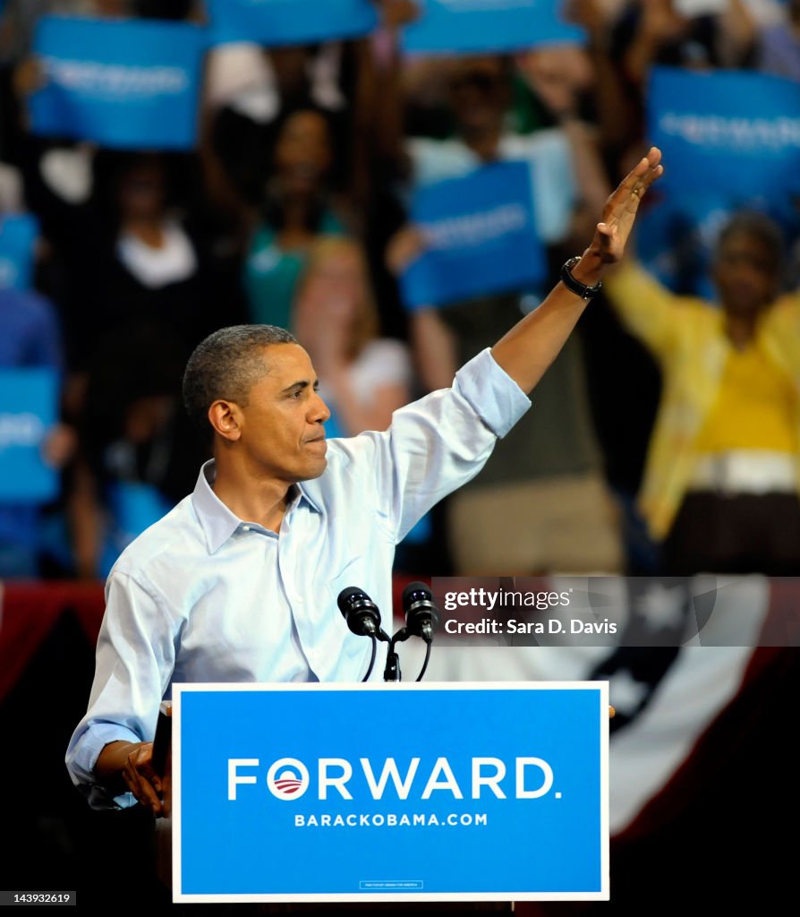 Prez Obama Rally U.S. President Barack Obama waves to guests at a campaign rally at ...