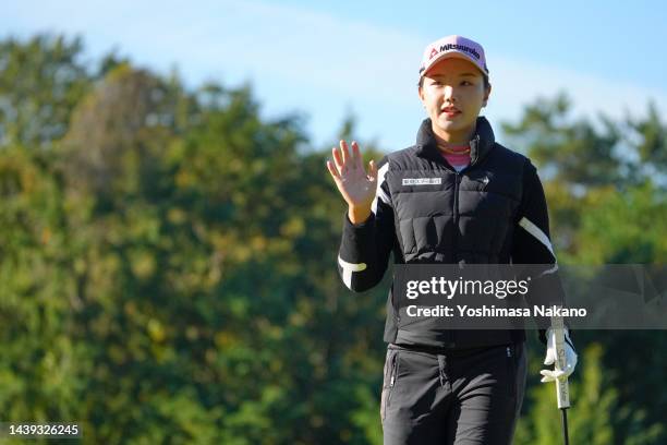 Yuting Shi of China acknowledges the gallery after the birdie on the 1st green during the final round of the TOTO Japan Classic at Seta Golf Course...