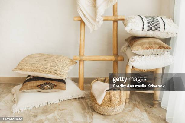 stylish boho interior of living room with elegant accessories. - mimbre fotografías e imágenes de stock