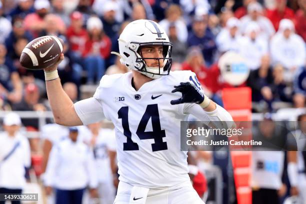 Sean Clifford of the Penn State Nittany Lions throws a pass during the first half in the game against the Indiana Hoosiers at Memorial Stadium on...