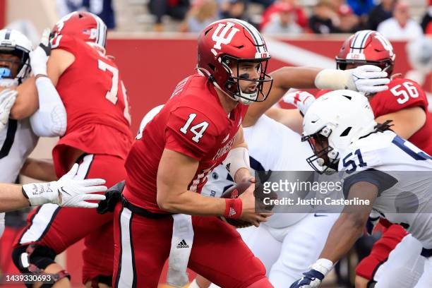 Jack Tuttle of the Indiana Hoosiers runs with the ball during the first half in the game against the Penn State Nittany Lions at Memorial Stadium on...