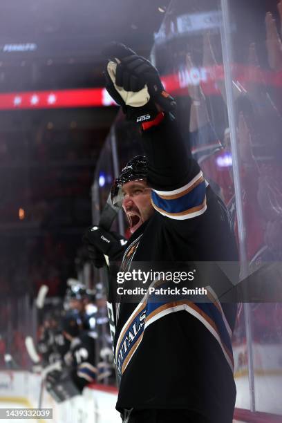 Alex Ovechkin of the Washington Capitals celebrates his goal against the Arizona Coyotes during the second period at Capital One Arena on November...